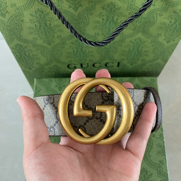 Gucci Brown Logo Pattern Belt Double G Metal Buckle - Picture 1 of 7